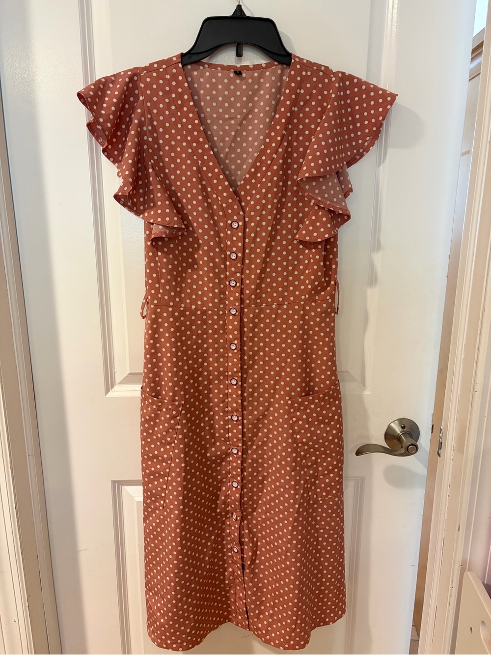 Polka Dot Ruffle Sleeve Button-Front Dress - Rust